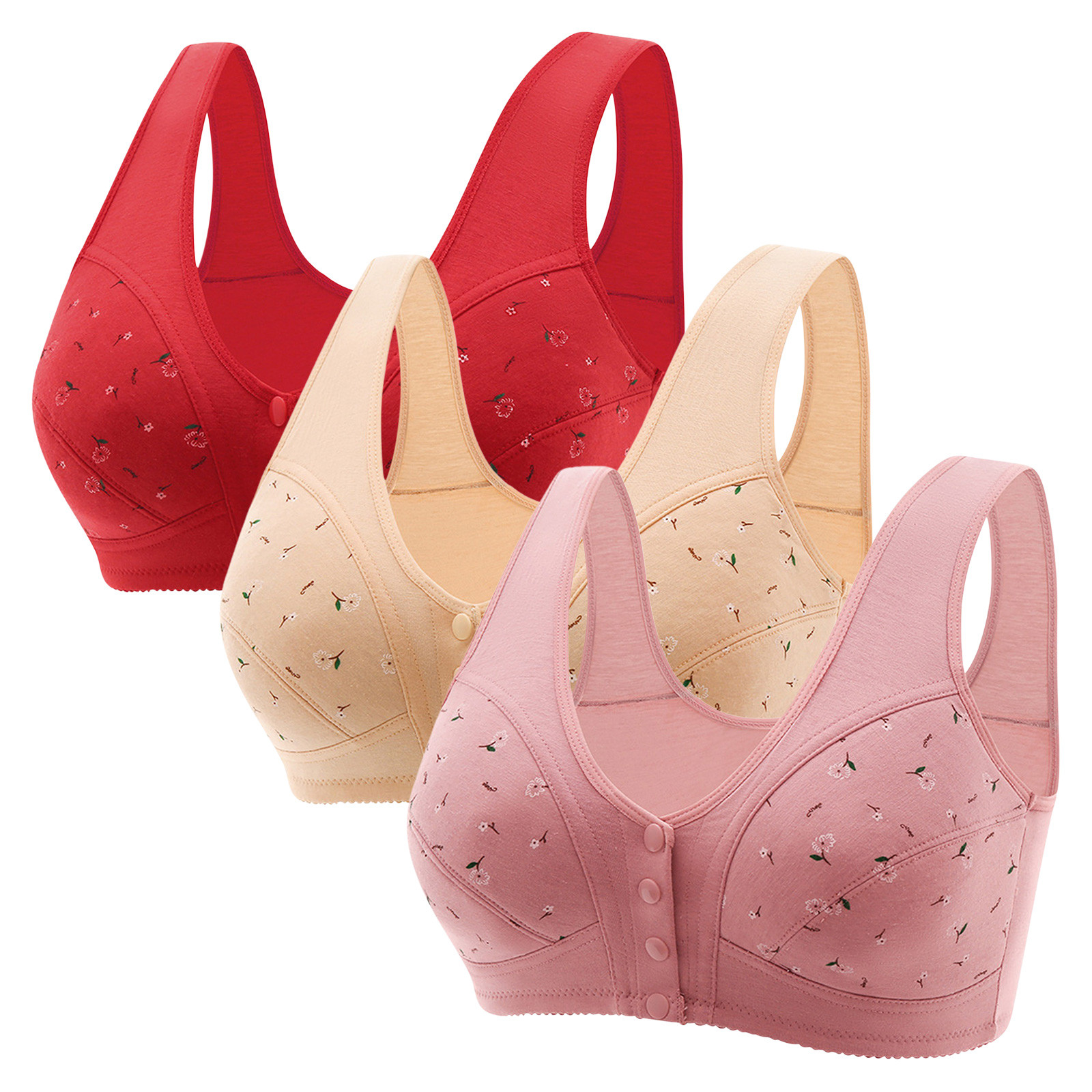 FNFYFH 3 Pack Wireless Bras for Older Women Front Close Button Daisy Printed Bras,Comfort Breathable Seamless Bra Plus Size 2025 No Underwire Womens T-shirt Bras Clearance Deals